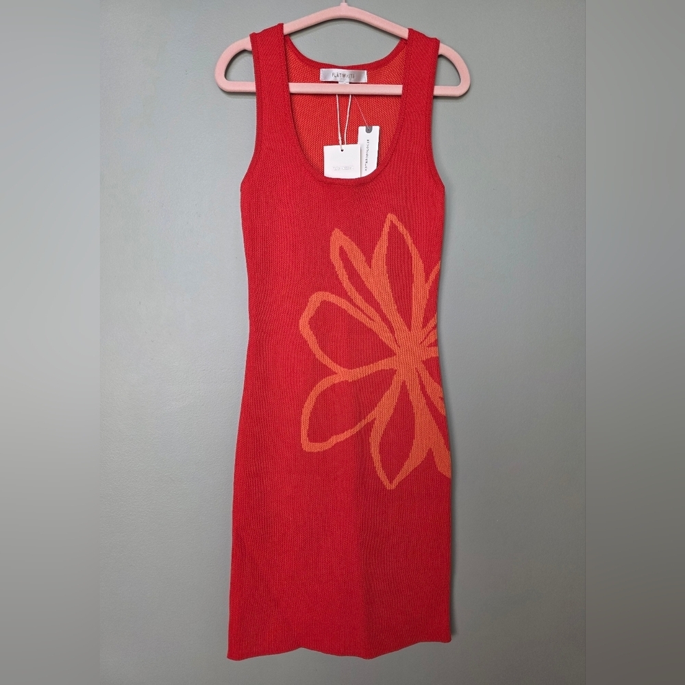 Flat White Anthro Sleeveless Square-Neck Flower-Print Knit Mini Dress Red Orange - Picture 4 of 11